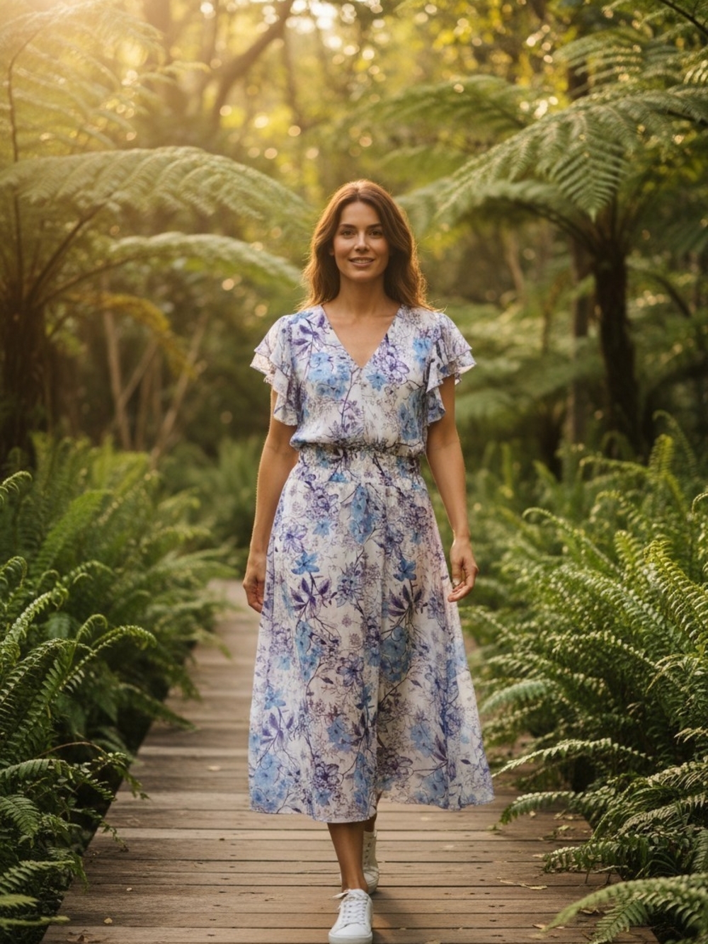 Berkley Jensen Womens Xl Floral V-Neck Flutter Sleeve Boho Blue Midi Dress